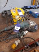 Makita 9” grinder, Makita 4” grinder, with Draper 3.3kVA 110V portable transformer, and various 110v