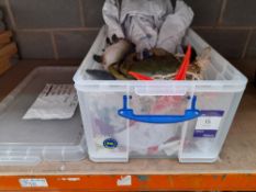 Plastic Crate containing various Staging Props, including fake cakes, fish, etc