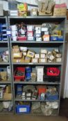 3x Bays of workshop shelving & contents including assorted fasteners etc