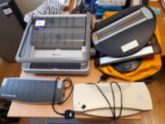Assortment of office equipment, to include GBC Thermal binder, Catherdral laminator, and Rexel
