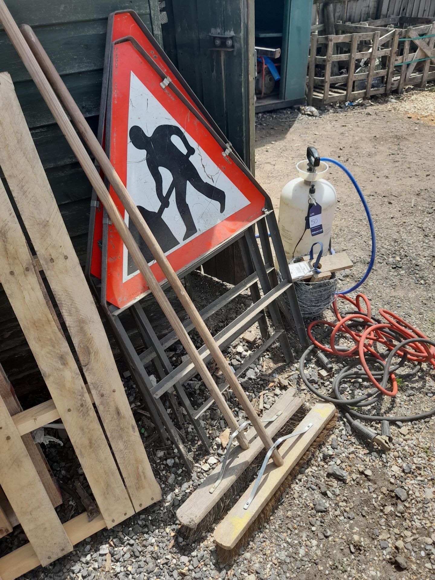 Set of Jump Leads, 2 x Men At Work Road Signs, Yard Brooms, 16Ltr Spray Bottle and Roll of Barbed - Image 3 of 3