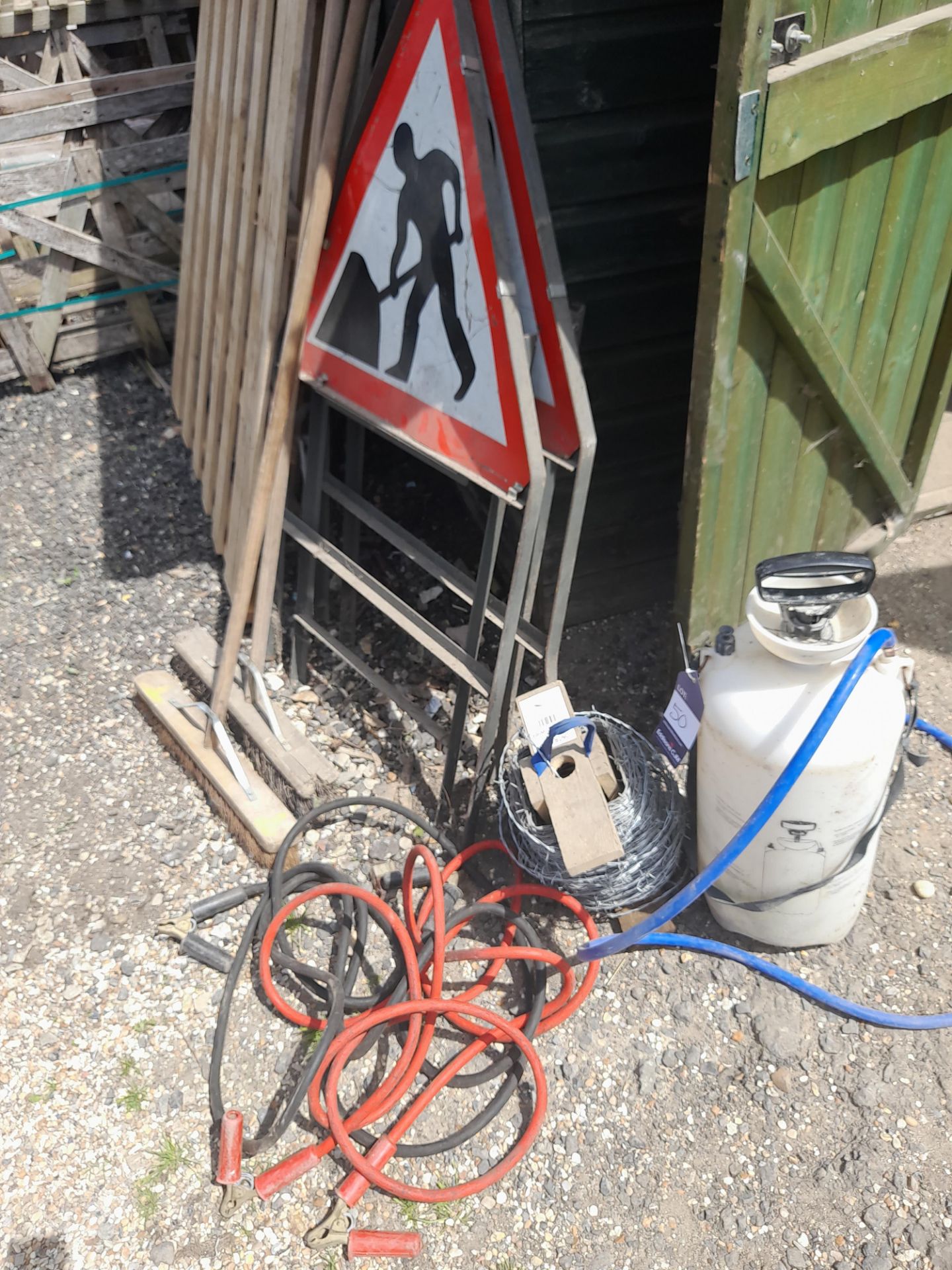 Set of Jump Leads, 2 x Men At Work Road Signs, Yard Brooms, 16Ltr Spray Bottle and Roll of Barbed - Image 2 of 3