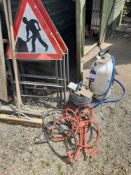 Set of Jump Leads, 2 x Men At Work Road Signs, Yard Brooms, 16Ltr Spray Bottle and Roll of Barbed