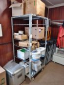 Galvanised Shelving and Contents, inc. Fire Extinguishers, Wipes, Ear Defenders etc.