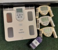 Omron Karada Scan weighing scales, and 3 x Omron BF306 body fat monitors