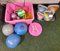 Assortment of gym equipment, to include weights, skipping ropes, etc