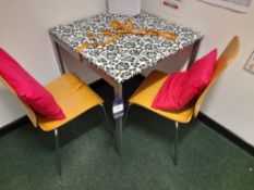 Metal framed table, with 2 x metal framed wooden chairs