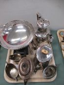 Metalware including silver plated teapot, beaten teapot, decorative spoons