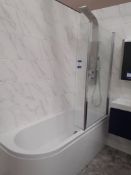 Bath with Flapper Panel, Display Dual Shower, Wall Mount Basin Unit, Low Level WC & Mirrored Wall