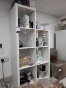 White 7 cube shelf unit, with contents (Excludes Chocolate moulds to front of unit) (Please note