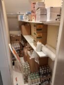 Contents of cupboard to include drinks stock, takeaway cups, stepladder, stationary, sundries etc.
