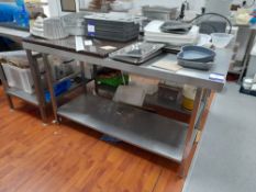 Stainless steel table, each with partial granite worktop, contents excluded, approx. 1500mm x