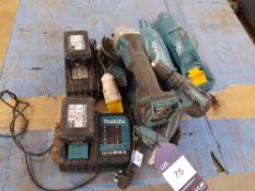 4 x Various Makita Cordless Handtools to include Drill, Grinder, 2 x Vacuums with 2 x chargers