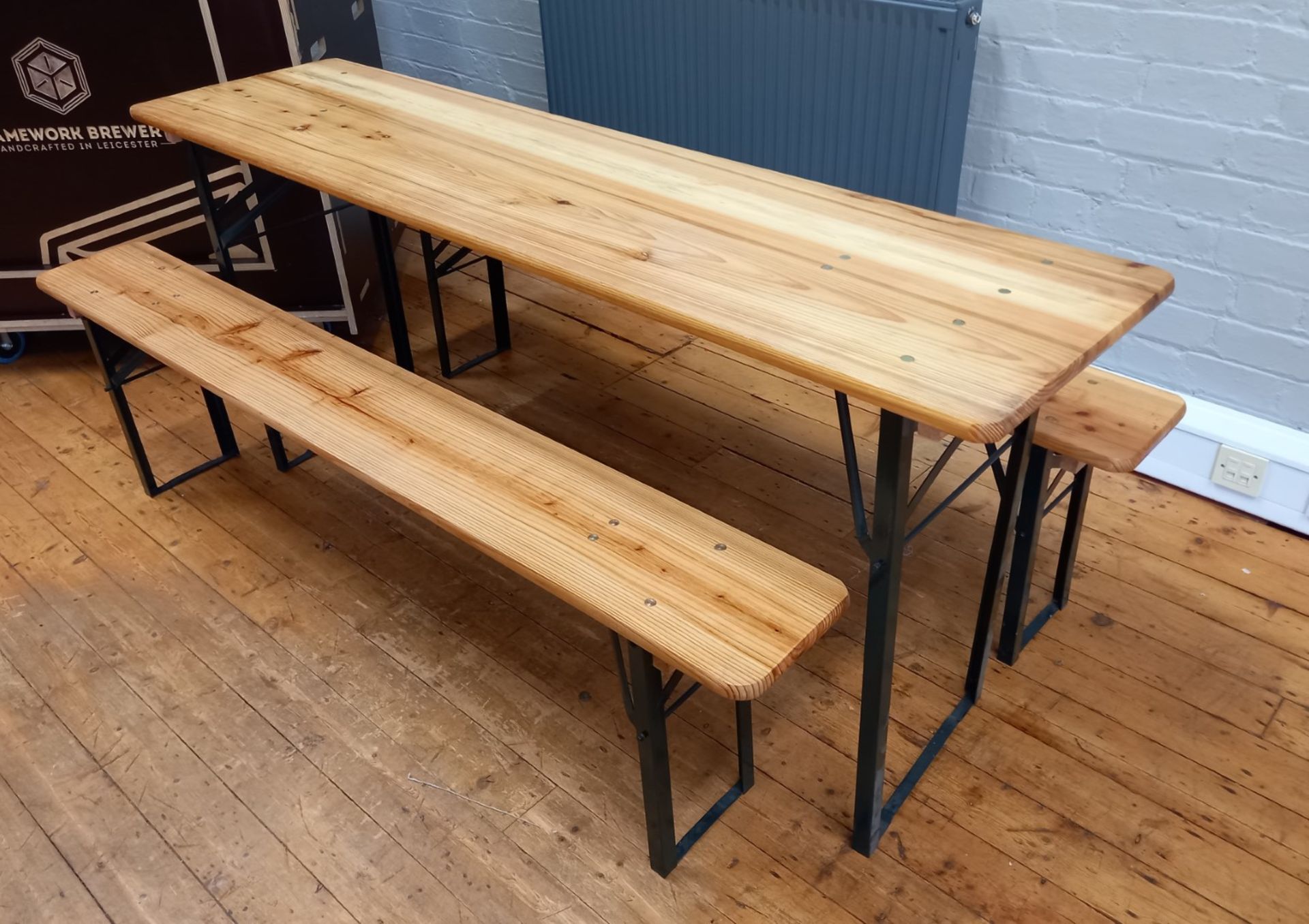 Timber and steel folding table with 2 benches