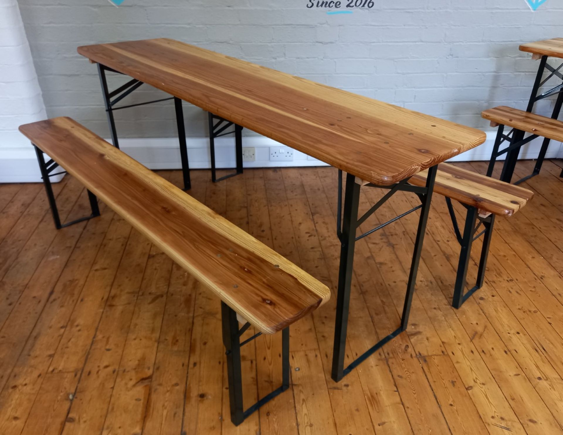 Timber and steel folding table with 2 benches - Image 2 of 2