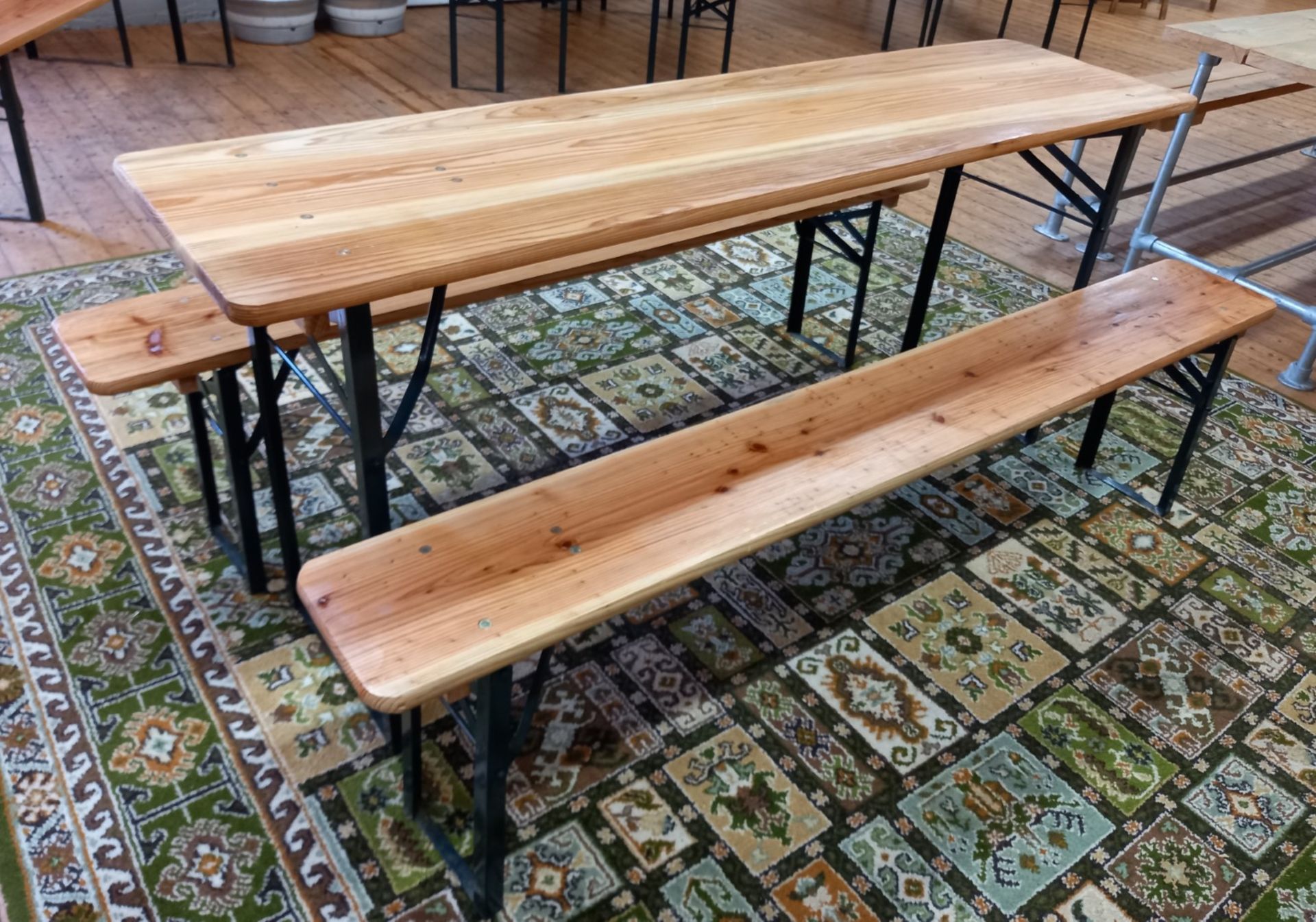 Timber and steel folding table with 2 benches - Image 2 of 2