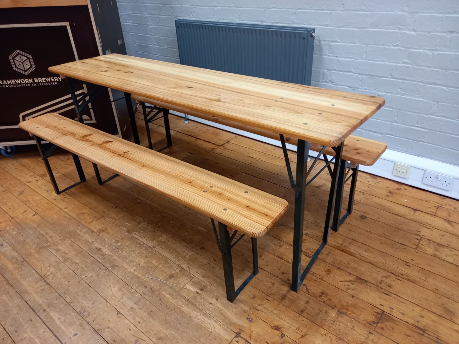 Timber and steel folding table with 2 benches - Image 2 of 2
