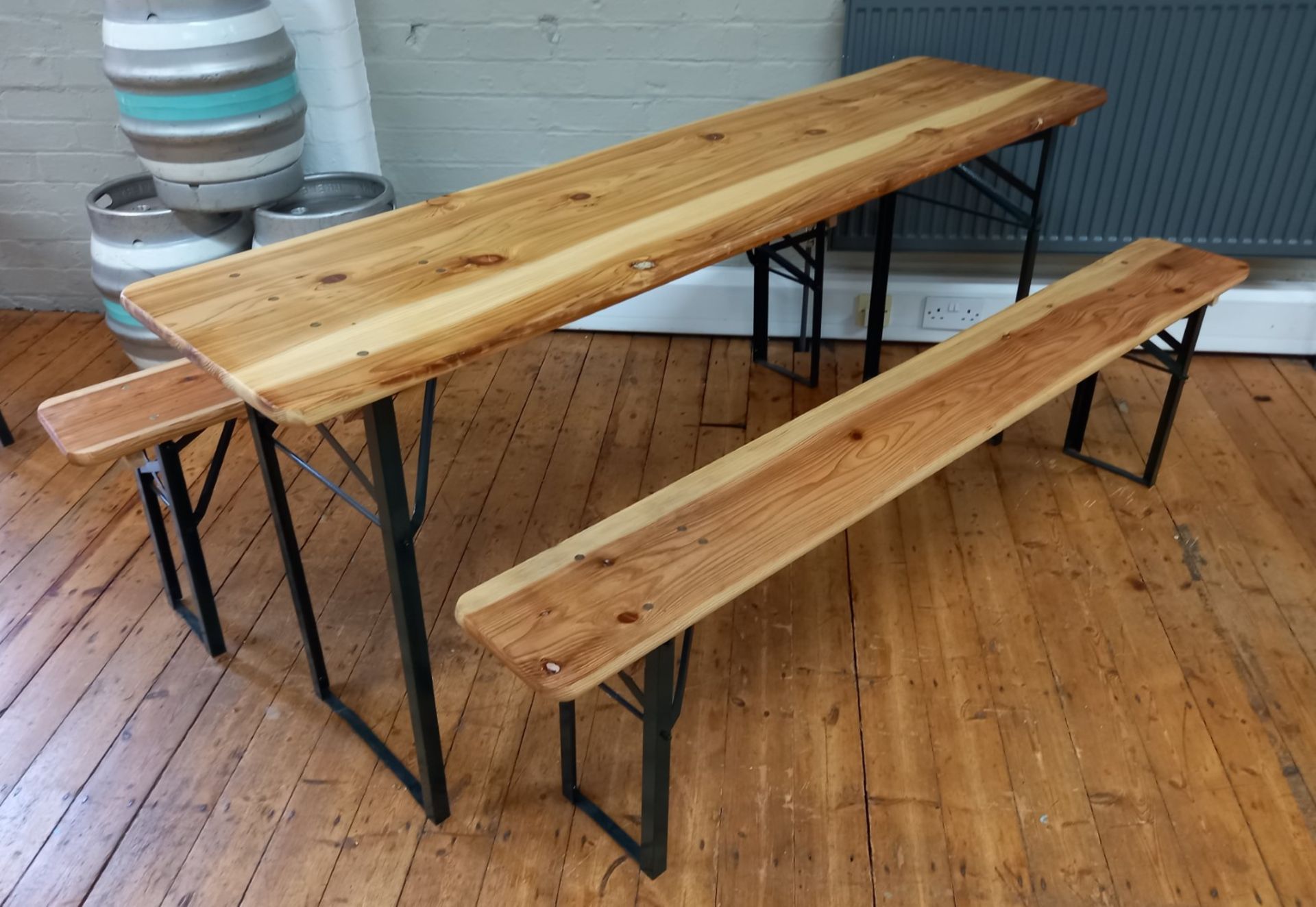 Timber and steel folding table with 2 benches