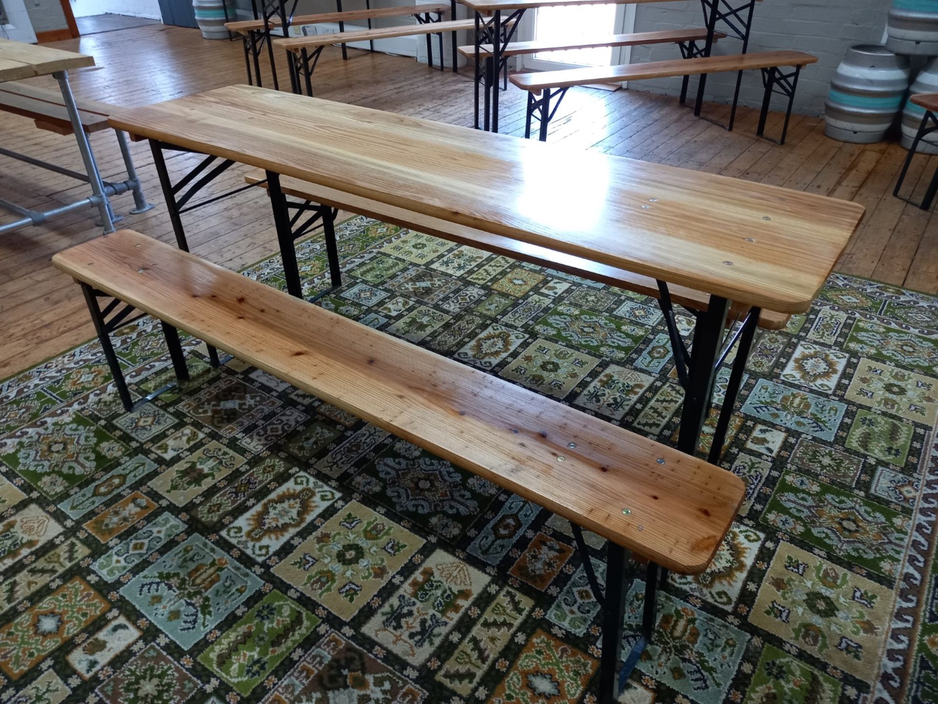 Timber and steel folding table with 2 benches