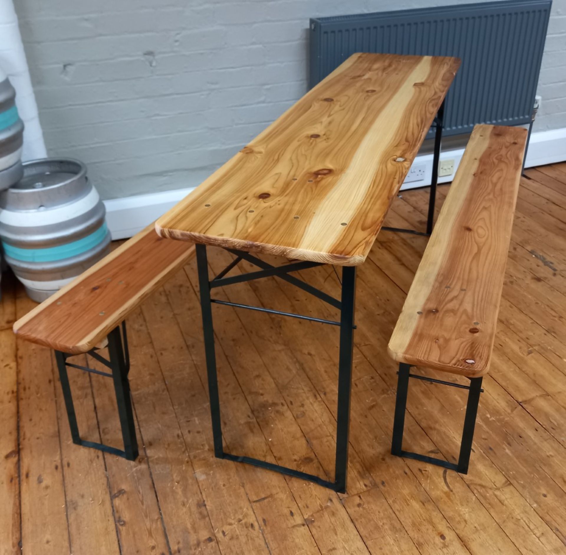 Timber and steel folding table with 2 benches - Image 2 of 2