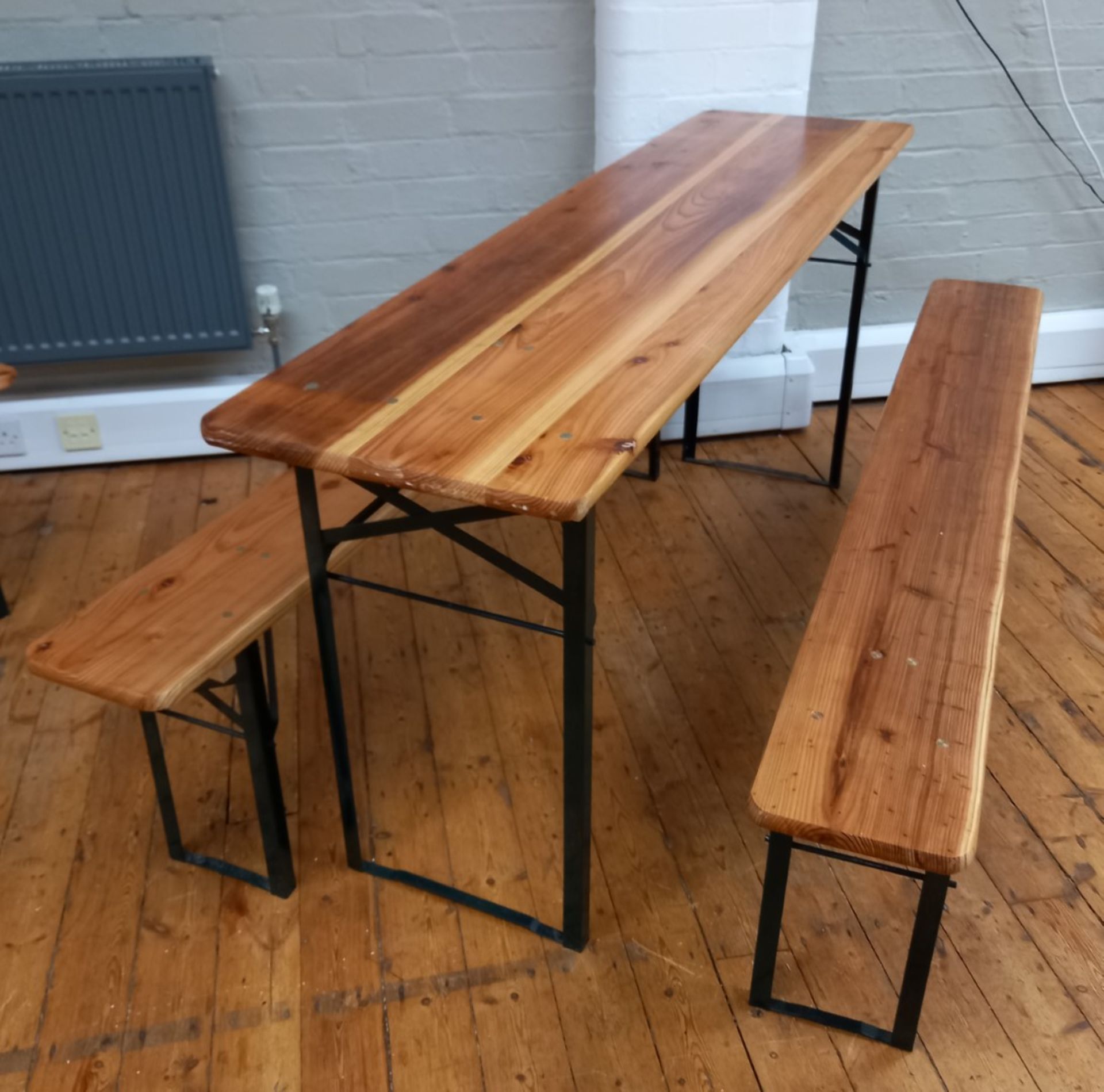 Timber and steel folding table with 2 benches - Image 2 of 2