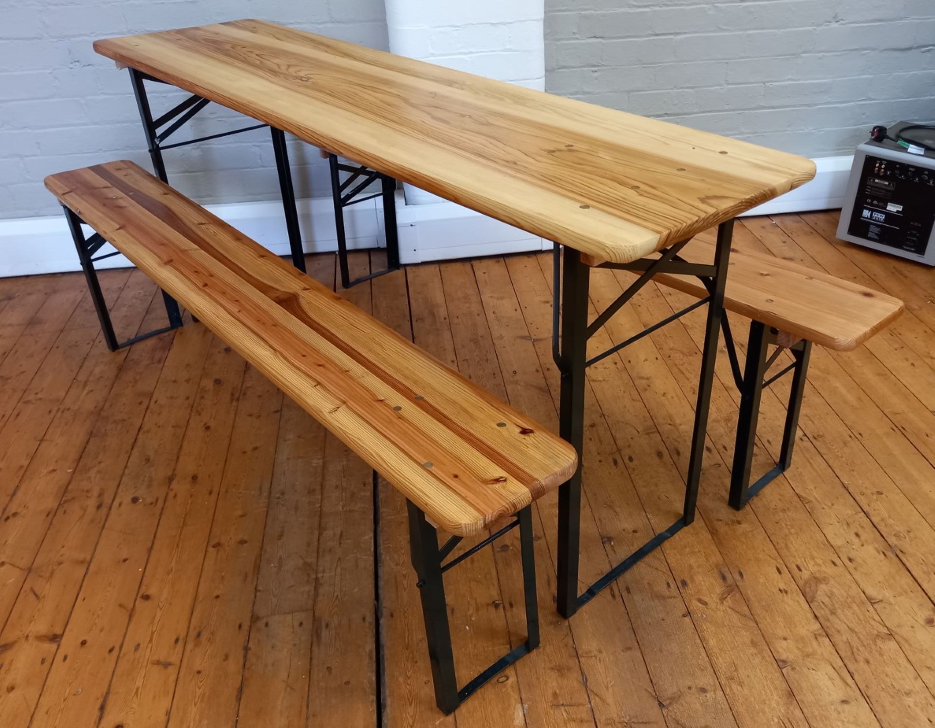 Timber and steel folding table with 2 benches - Image 2 of 2