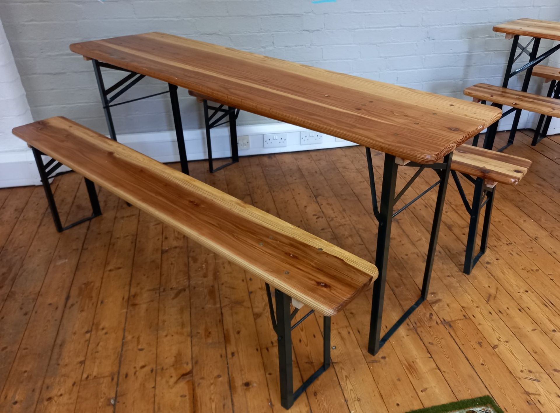 Timber and steel folding table with 2 benches