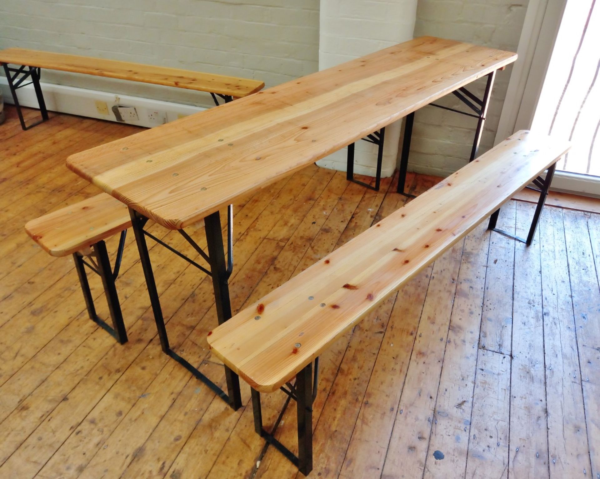 Timber and steel folding table with 2 benches