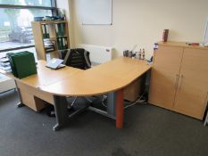 3 Piece section single person workstation with operators chair, double door cabinet, and pigeon hole