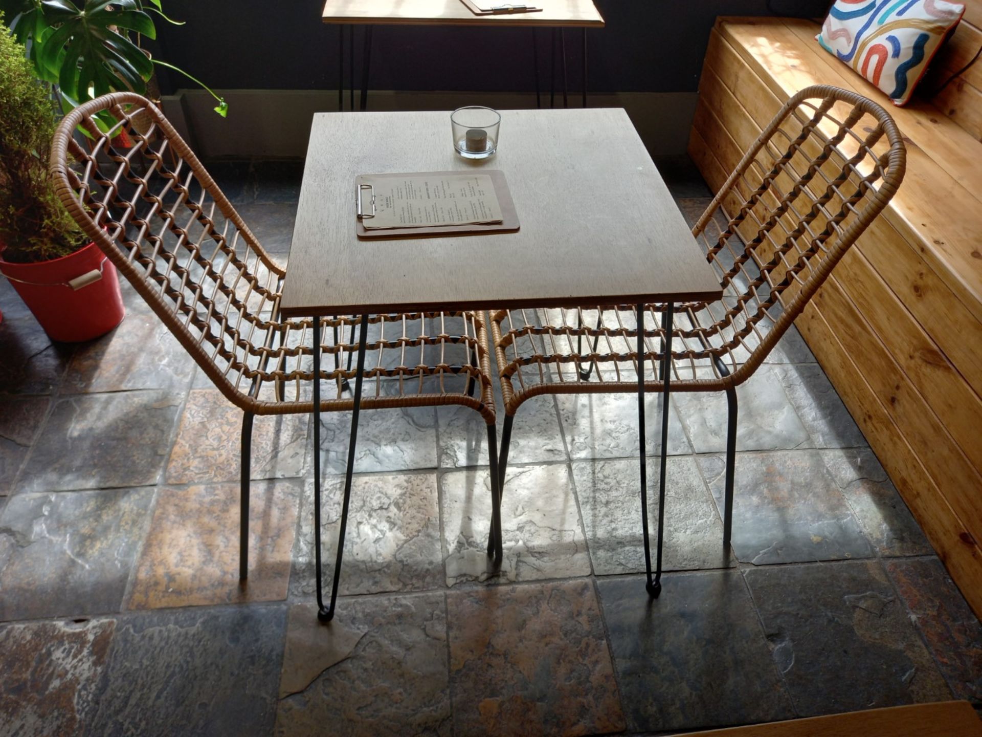 Bistro Table Set comprising of Hairpin Table 600 x 600 & 2 x Steel/Wicker Chairs - Image 3 of 3