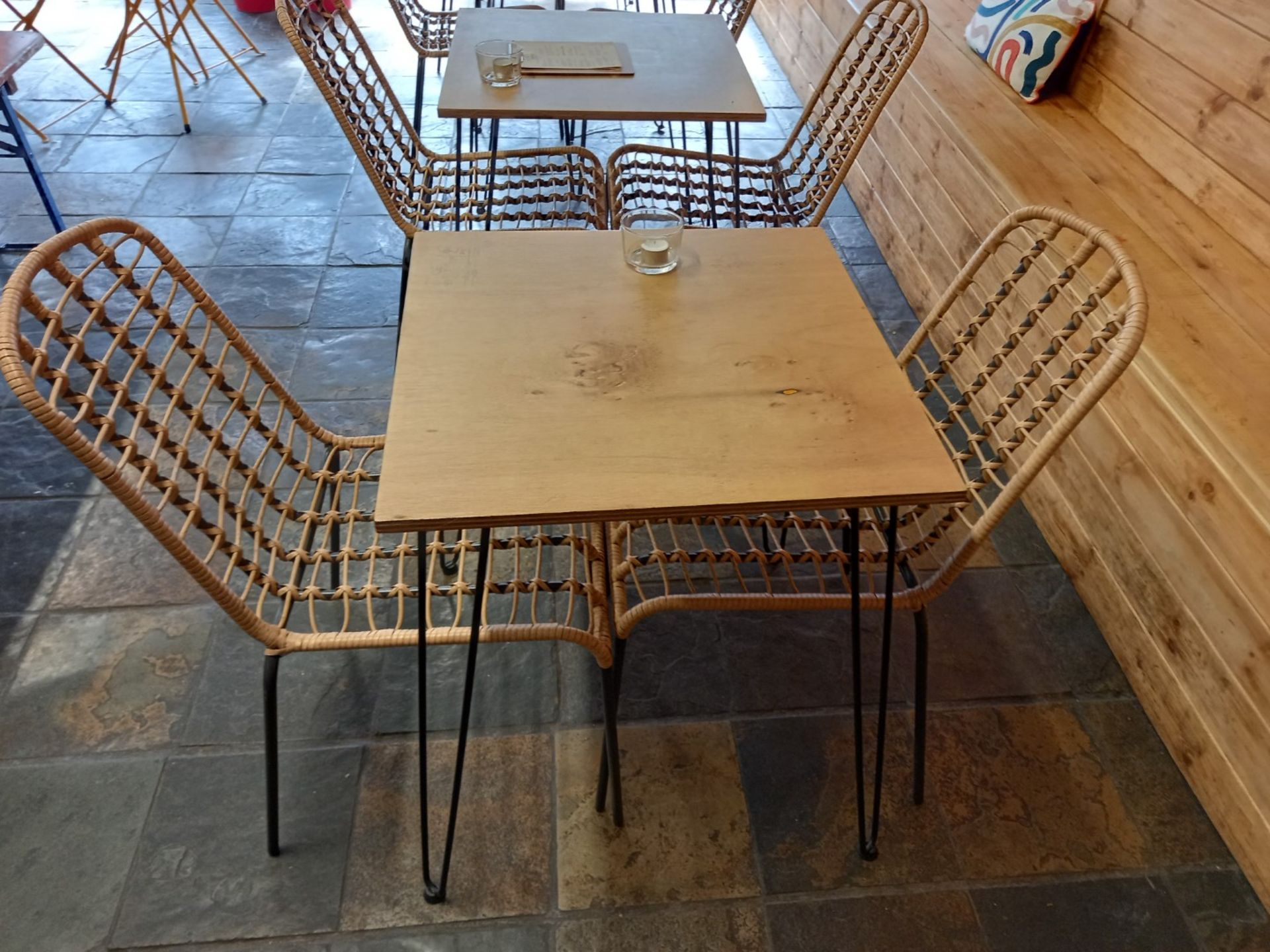 Bistro Table Set comprising of Hairpin Table 600 x 600 & 2 x Steel/Wicker Chairs - Image 3 of 4