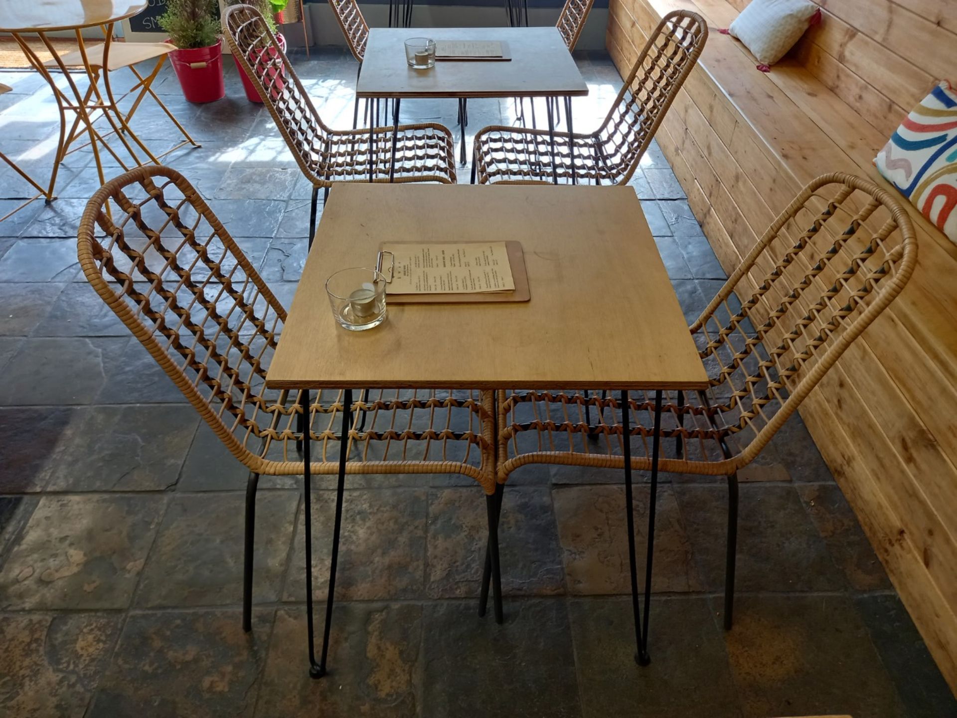 Bistro Table Set comprising of Hairpin Table 600 x 600 & 2 x Steel/Wicker Chairs - Image 3 of 3