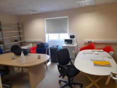 Contents of Room to Include 2x Meeting Tables, 13 Various Chairs, 5x Var Ikea Tables, Hisense RH70D4