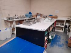 Packing bench, with various shelving & drawer units (contents excluded)