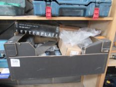 Box of ironmongery including hinges letterboxes etc