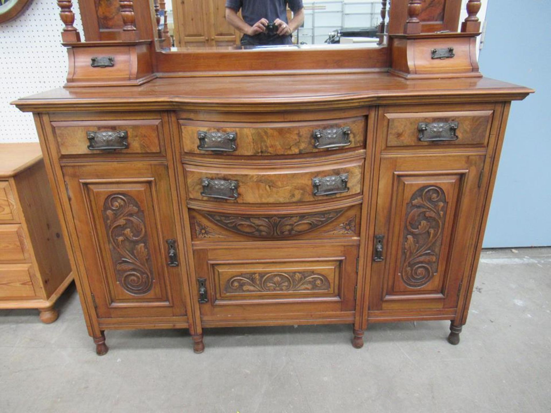 Detailed Early Four drawer, Three Door Mirror Backed Sideboard with Inlaid Walnut Panels - Image 3 of 4