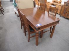 Stained Effect Dining Table; complete with four slat backed dining chairs, featuring leather seats