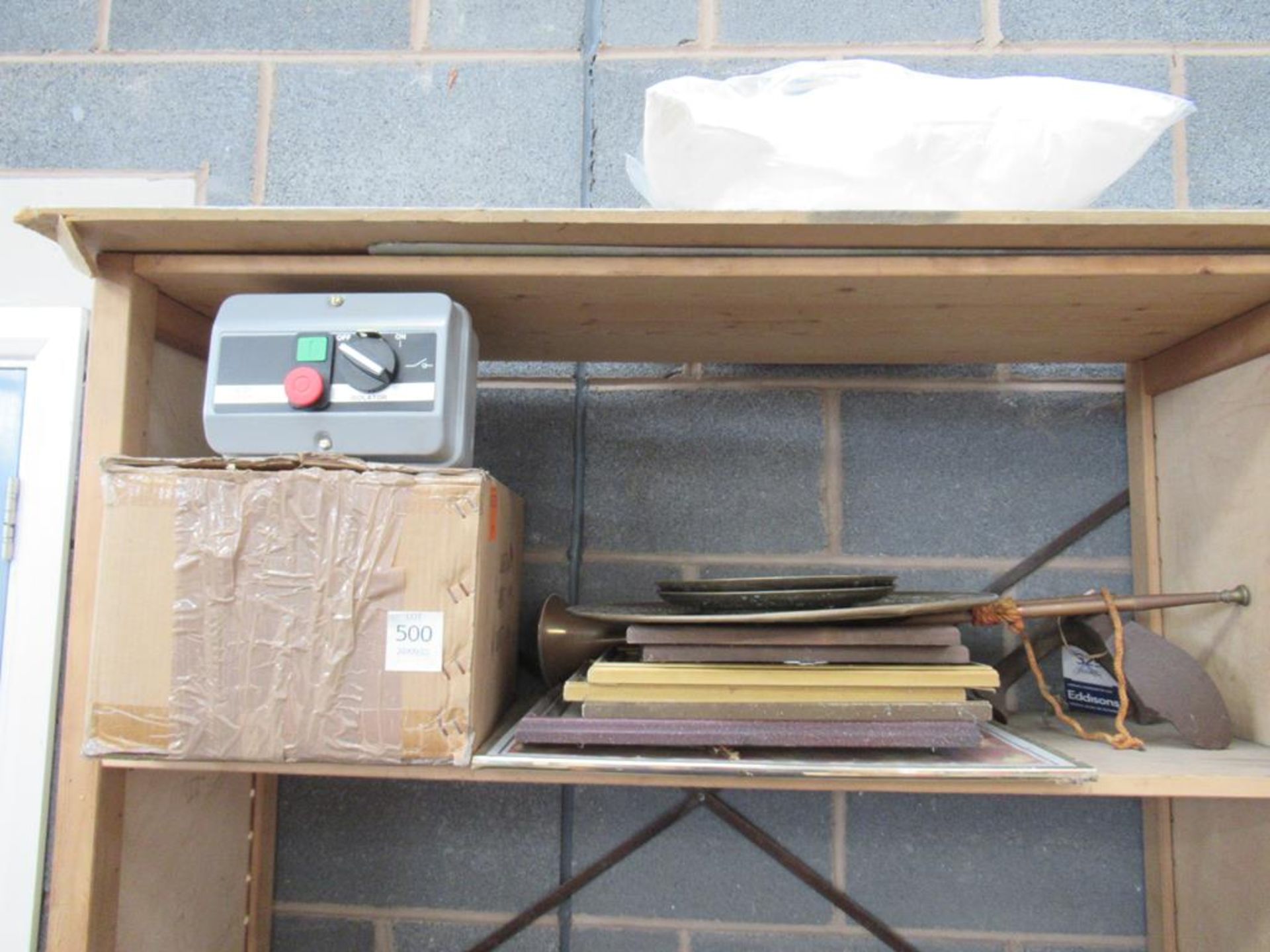 A control box, pictures, metalware and 2x heaters