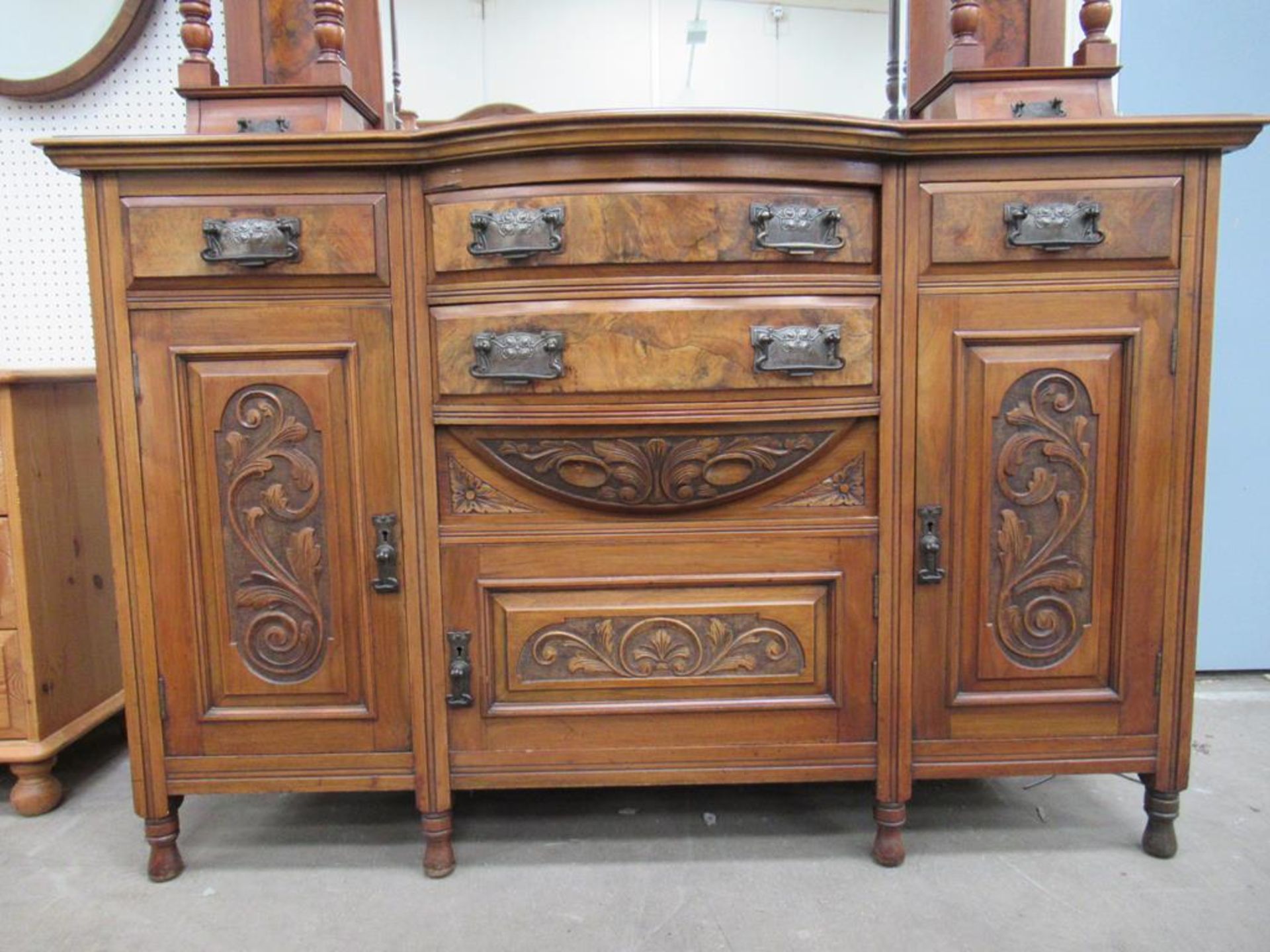 Detailed Early Four drawer, Three Door Mirror Backed Sideboard with Inlaid Walnut Panels - Image 4 of 4