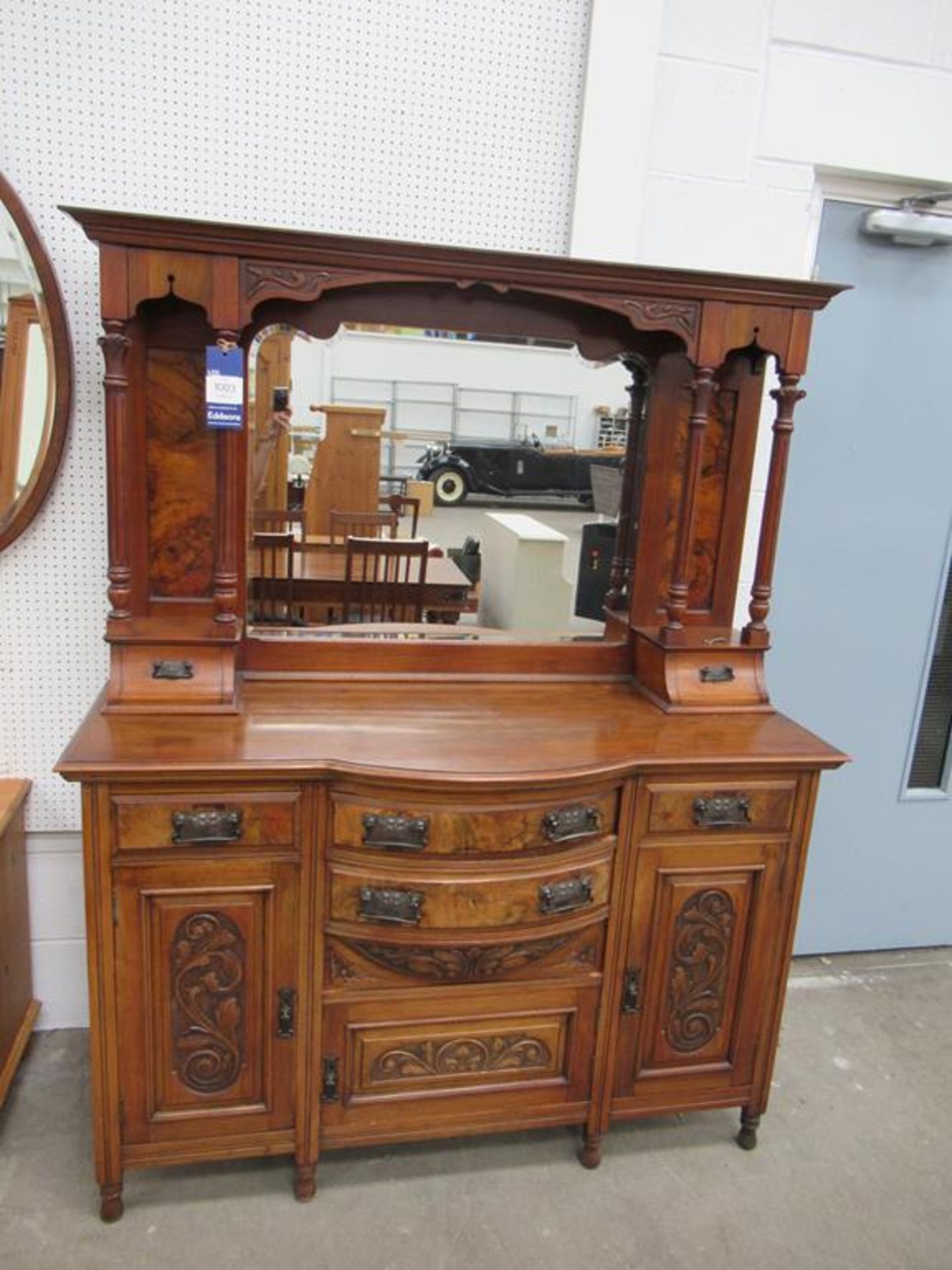 Detailed Early Four drawer, Three Door Mirror Backed Sideboard with Inlaid Walnut Panels