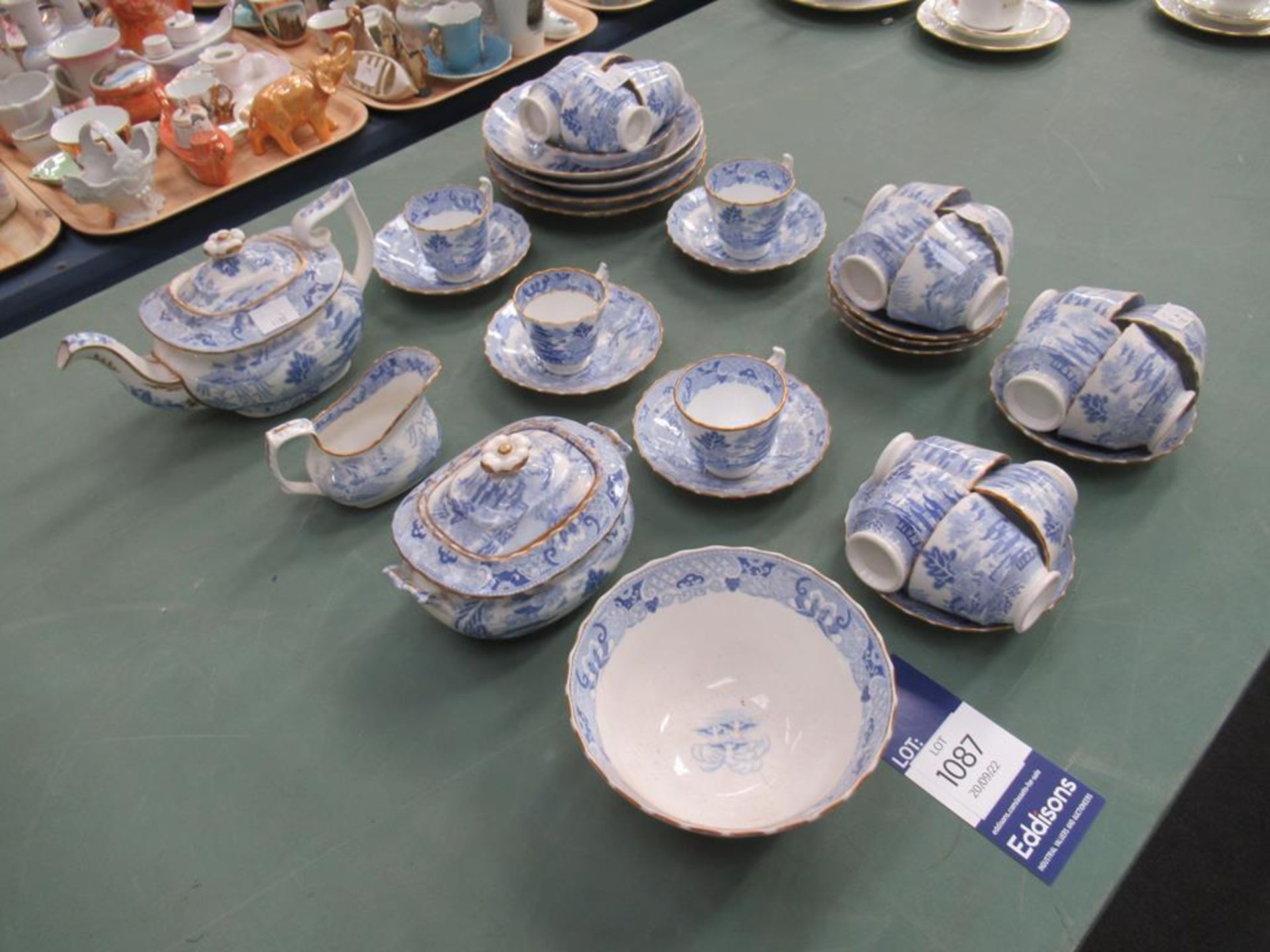 An Oriental Themed Blue & White Tea Service with Gold-Painted edging. - Image 2 of 4