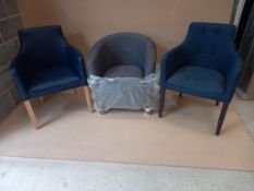 Upholstered Button Backed Chair in Blue & Ebony, Leather Effect Chair in Blue & Light Oak, & an Upho