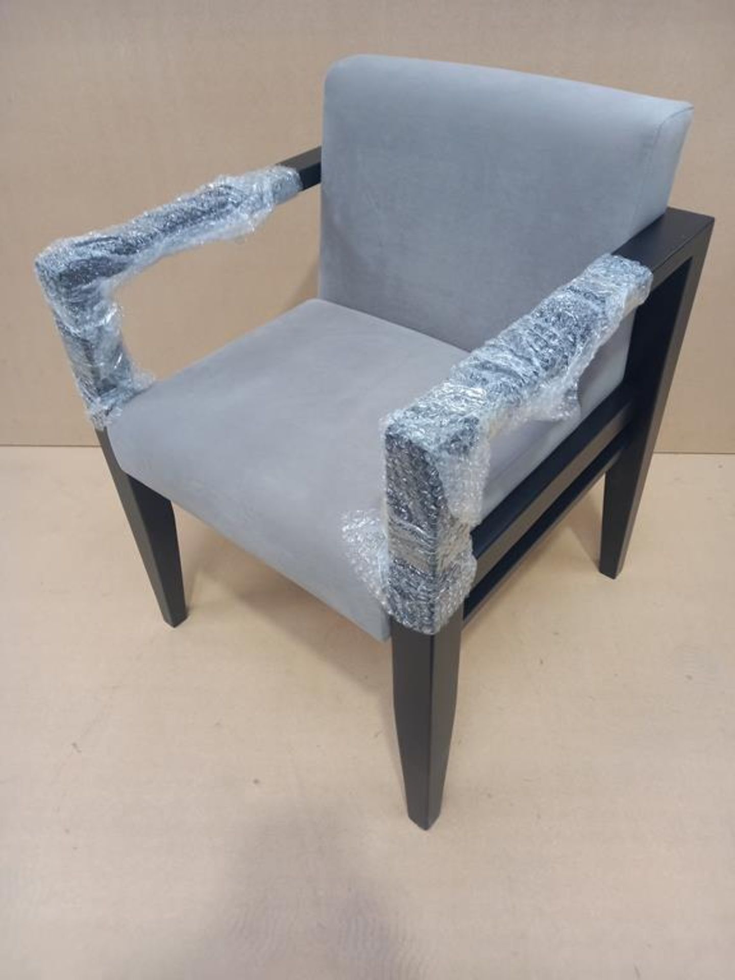 5 x Wooden Frame, Grey Upholstered Arm Chairs