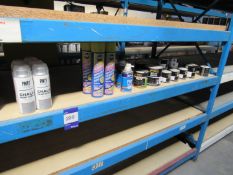 Contents of shelf to include paint stripper, chalk paints, teak oils and various paints