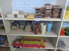 Contents of bay of shelving to include rapide cement, mosquito bands, plant pots and insect catchers
