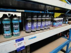 Contents of shelf to contain various paint factory aerosol spray paints and varnishes