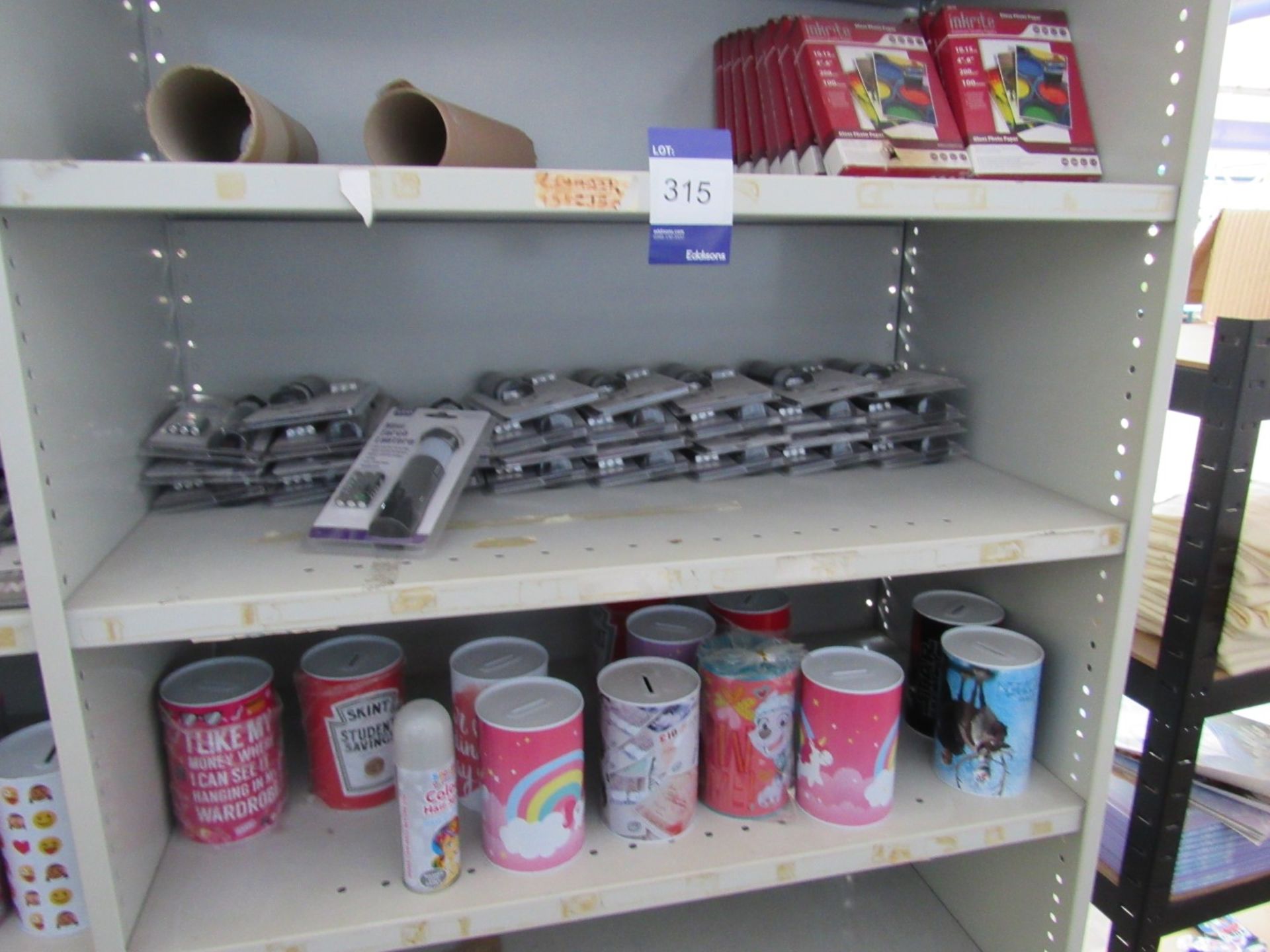 Contents of bay of shelving to include mini torch lanterns, inkrite gloss photo paper and money - Image 2 of 2