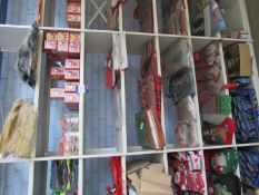 Contents of bay of shelving to include Christmas ornaments, ties, socks and led lights etc. –
