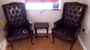 2x Chesterfield effect Burgundy Reception Visitors Chairs and low Mahogany table