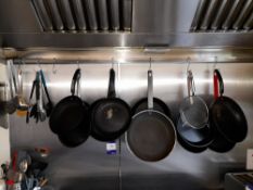 Various frying pans to wall